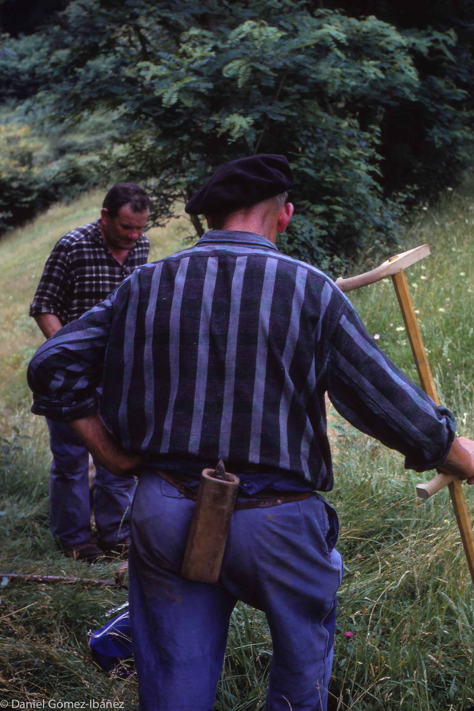 Scything the old way -- Manech and his brother pause to rest. The wooden holster holds his whetstone. [St. Etienne de Baïgorry, Pyrénées-Atlantiques, France, 1968]