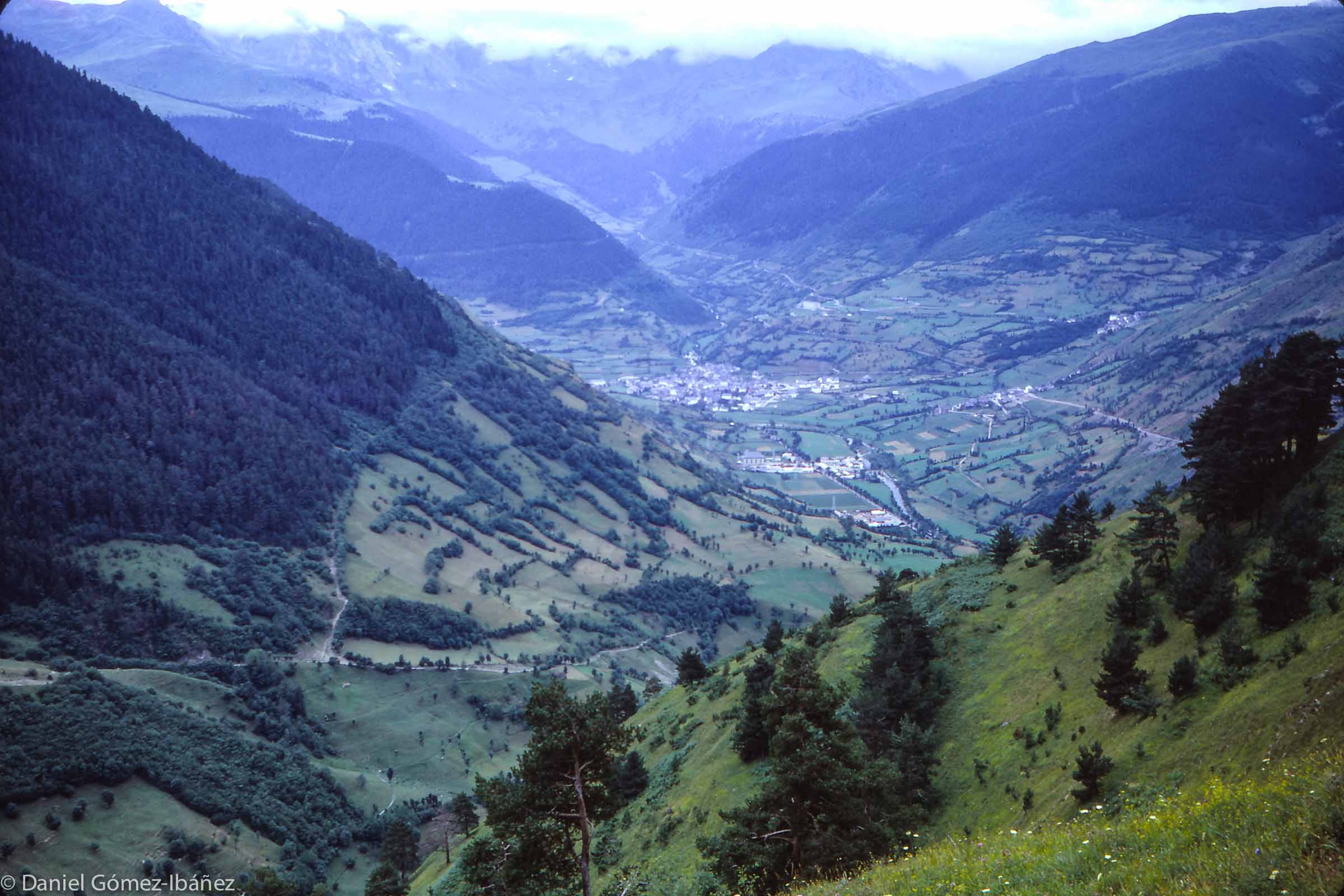 On the walk back down to Mont from the summer pastures, just before the trail enters the forests above the village, the view opens to the valley and its main town, Vielha.